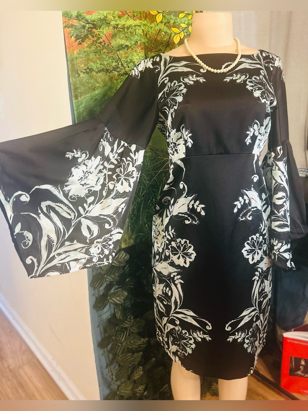 Nanette Lepore Black Dress with Sky Blue&Wht Floral Print and Bell Sleeves NWTs
